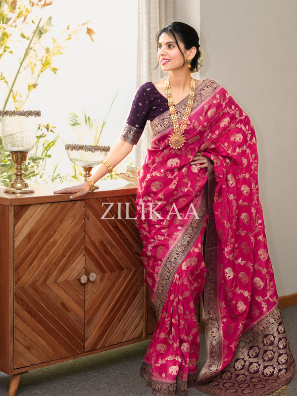 Queen Pink Munga Silk Saree
