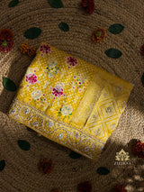 Daffodil Yellow Zardozi Handwork Bandhani print Designer Silk Saree
