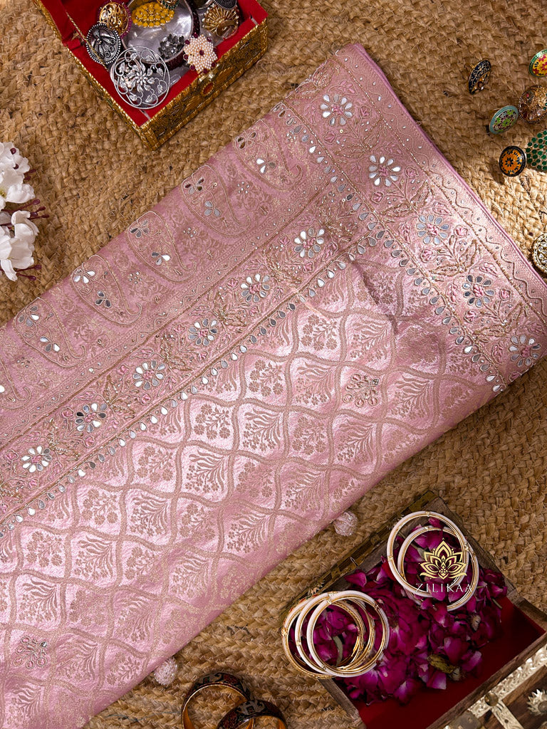 Pastel Pink Special Zardozi Gota Handwork Banarasi Silk Saree