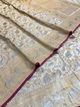 Ivory white Shikargah Banarasi Katan Silk Saree