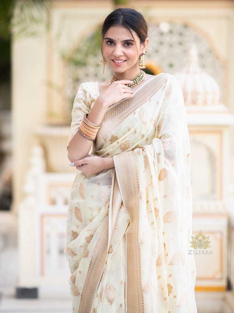 Ivory White Banarasi Khaddi Weaved Georgette Saree