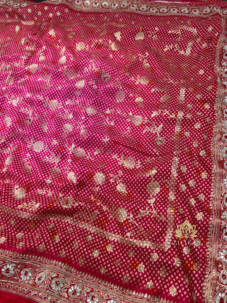 Red Special Zardozi Handwork Bandhani Print Designer Silk Saree