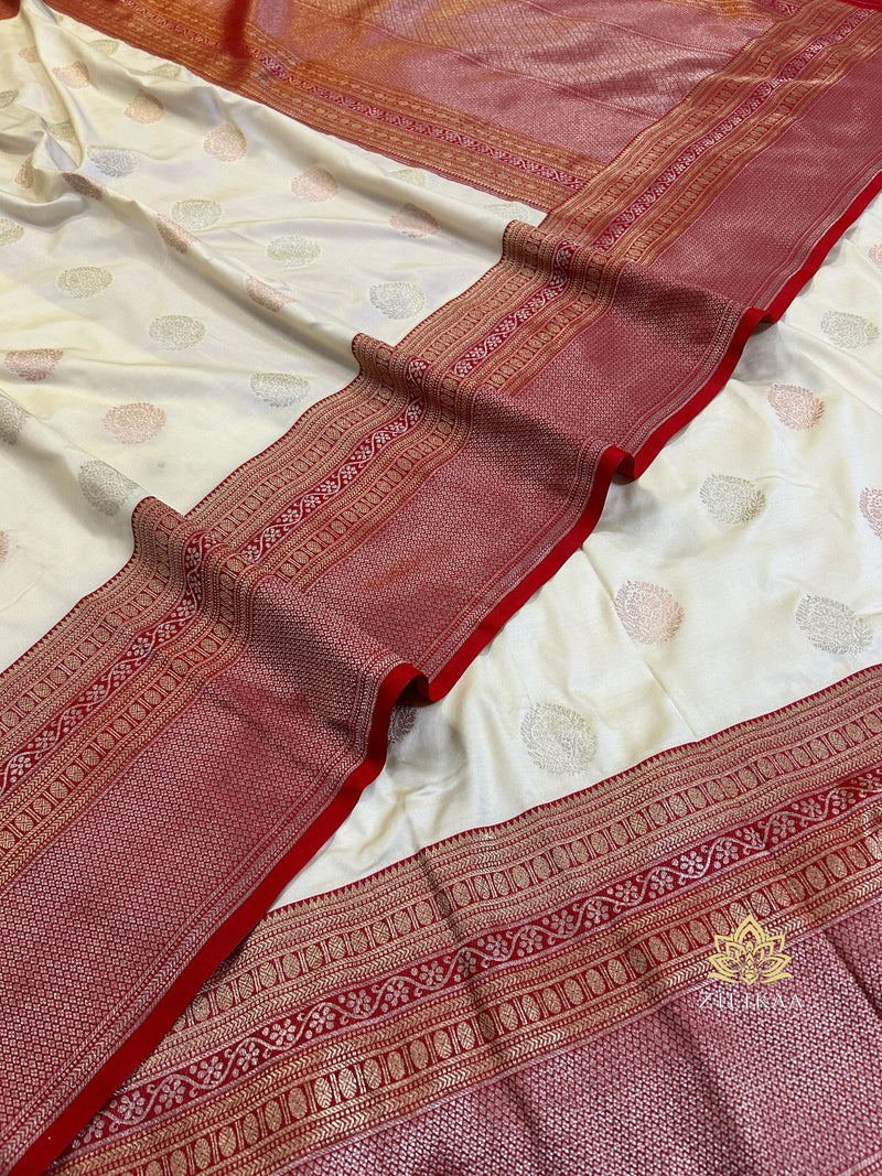 Ivory with Red Banarasi Katan Silk Saree