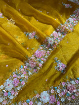 Mustard Golden Hand embroidery Organza Silk Saree