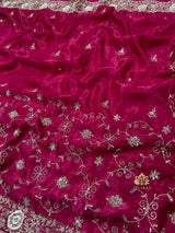 Maharani Pink Aari Zardozi Hand Embroidery Satin Silk Saree