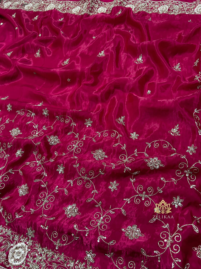 Maharani Pink Aari Zardozi Hand Embroidery Satin Silk Saree