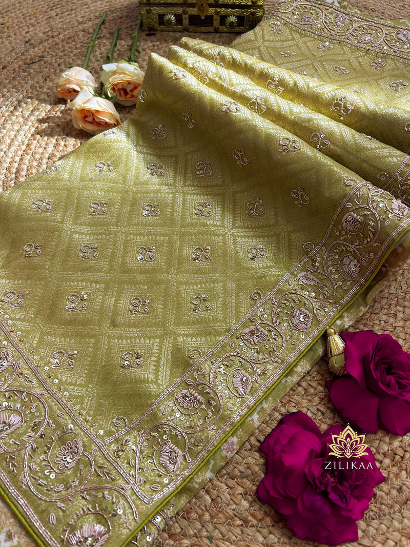 Olive Green Zardozi Handwork Patola Designer Munga silk saree