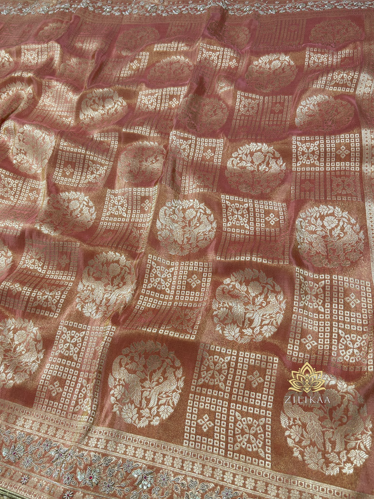 Orchid Peach Zardozi Handwork Zari Tissue Silk Saree