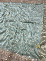 Ocean green Zardozi Handwork Munga Banarasi SIlk Saree