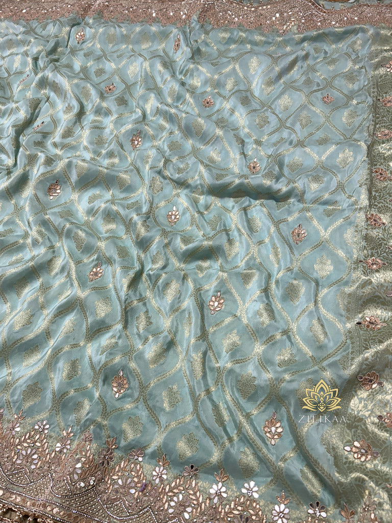 Ocean green Zardozi Handwork Munga Banarasi SIlk Saree