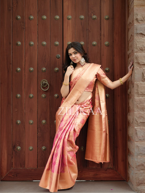 Salmon Pink Kanchipuram Tissue SIlk Saree