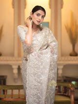 Ivory white Gota Embroidery French Silk Saree