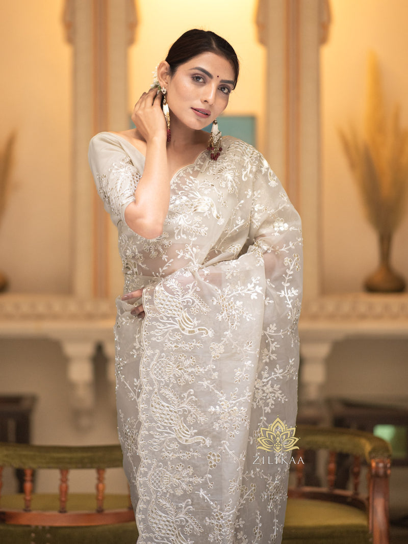 Ivory white Gota Embroidery French Silk Saree