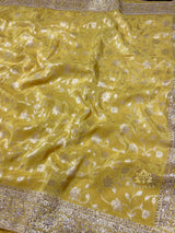 Lemon Yellow Zardozi Handwork Zari Tissue Silk Saree