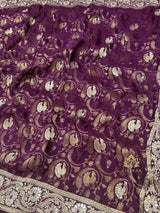 Plum Wine Zardozi Handwork Munga Banarasi Silk Saree