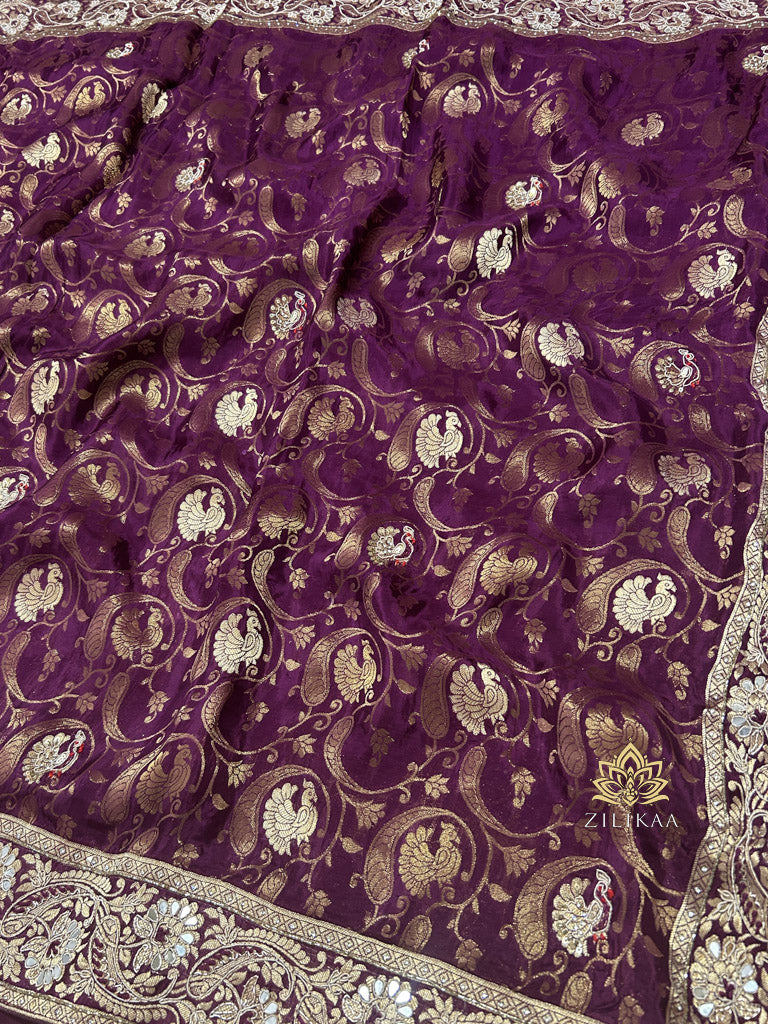Plum Wine Zardozi Handwork Munga Banarasi Silk Saree