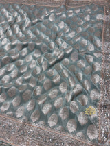 Ocean Green Zari Tissue Silk Saree with Beautiful Hand Embroidery