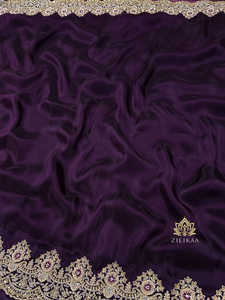 Plum Purple Munga Silk Saree With Zardozi Scalloped Border