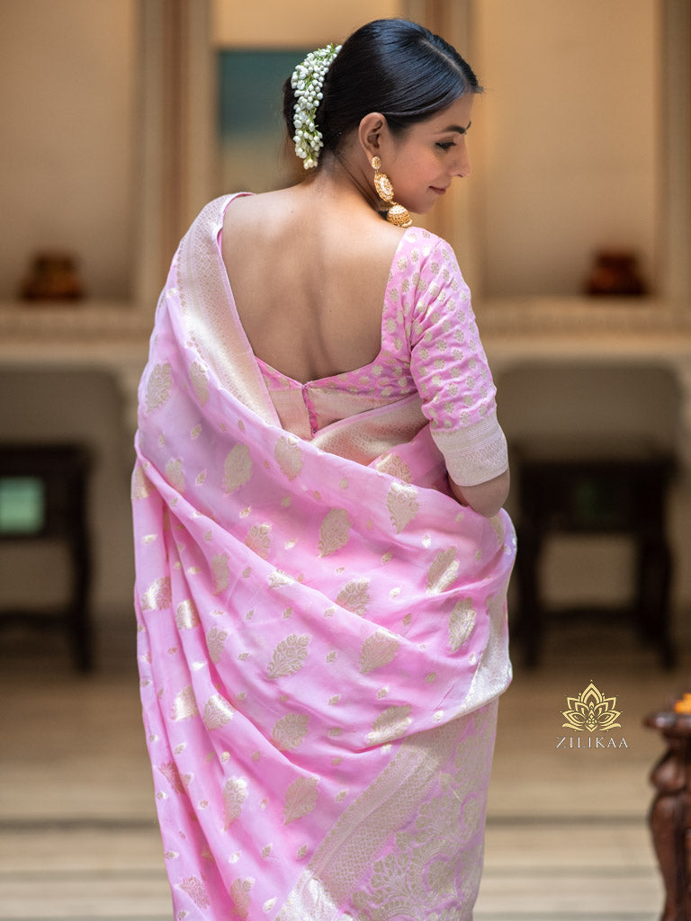 Baby Pink Banarasi Khaddi Weaved Georgette Saree