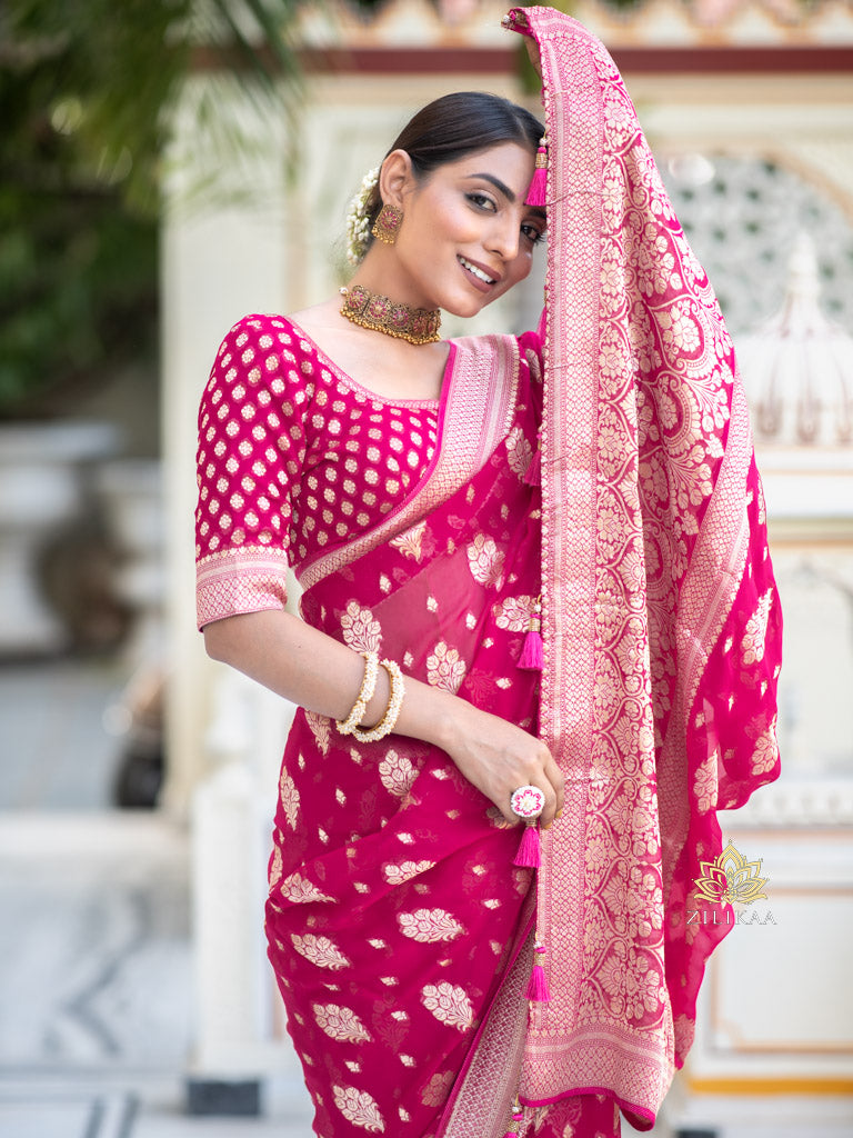Queen Pink Banarasi Khaddi Weaved Georgette Saree
