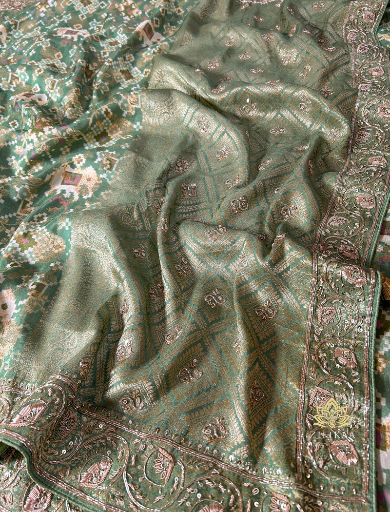 Fern Green Zardozi Handwork Patola Munga silk saree