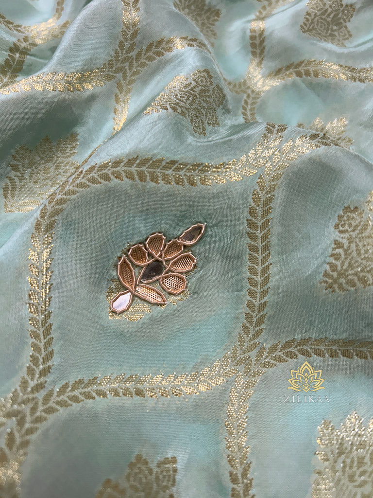 Ocean green Zardozi Handwork Munga Banarasi SIlk Saree