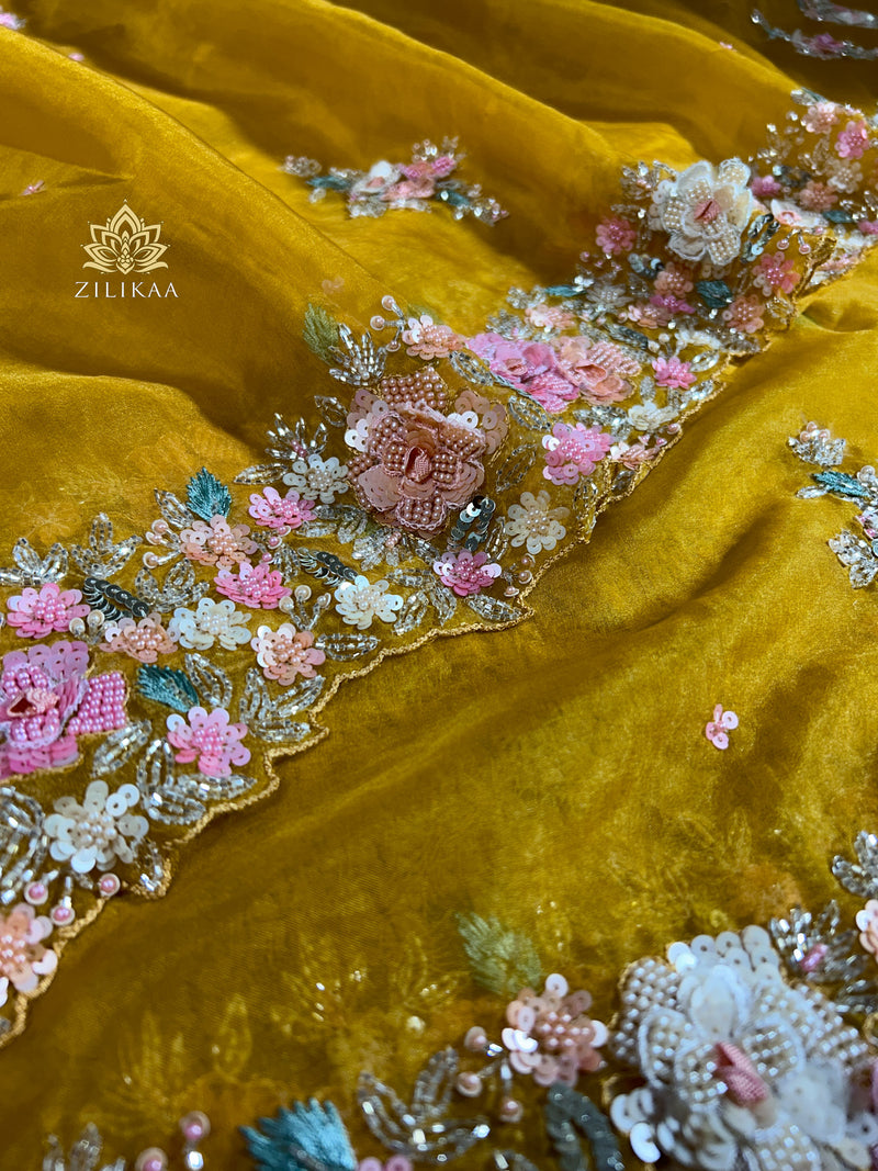 Mustard Golden Hand embroidery Organza Silk Saree