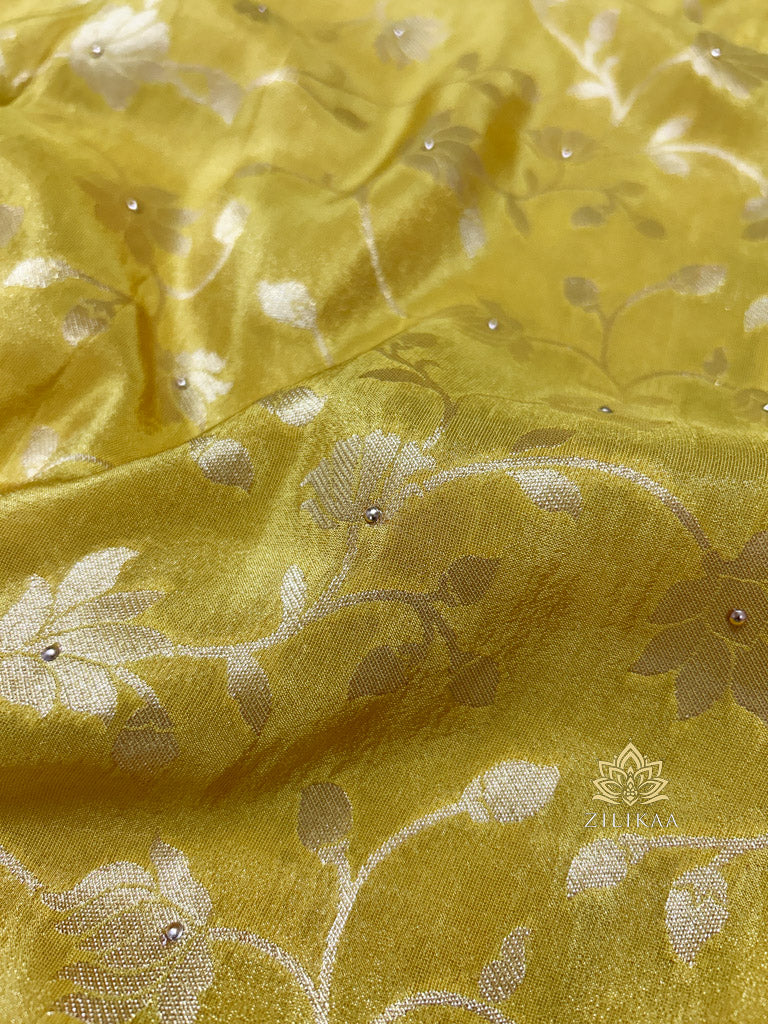 Lemon Yellow Zardozi Handwork Zari Tissue Silk Saree