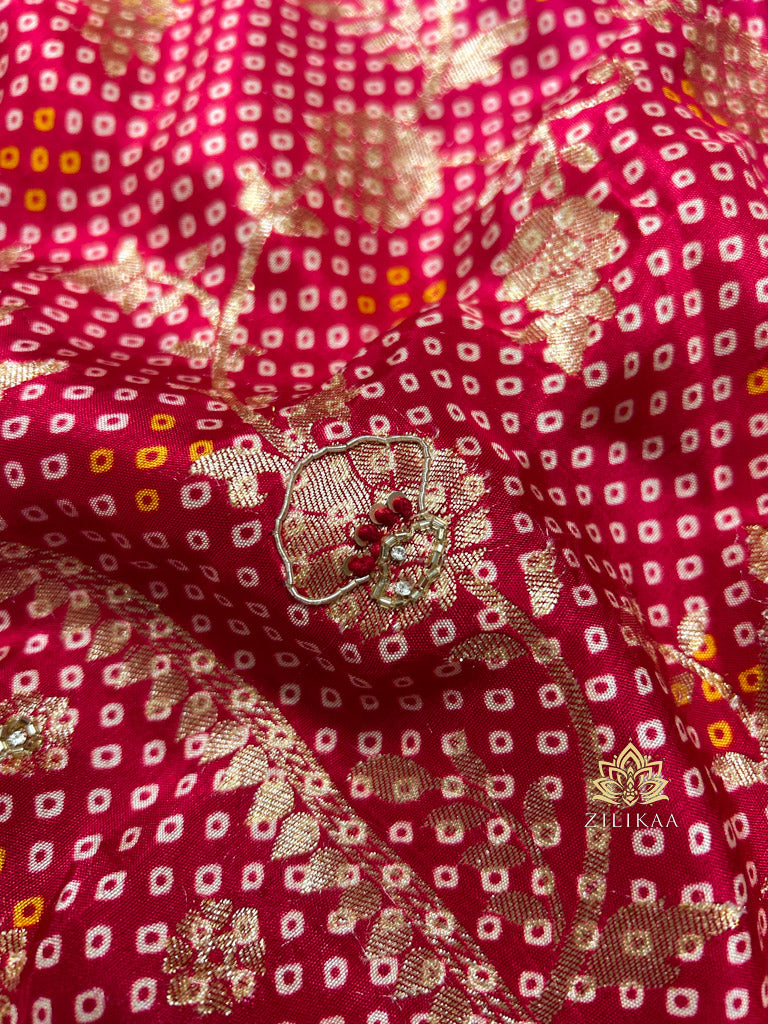 Red Special Zardozi Handwork Bandhani Print Designer Silk Saree