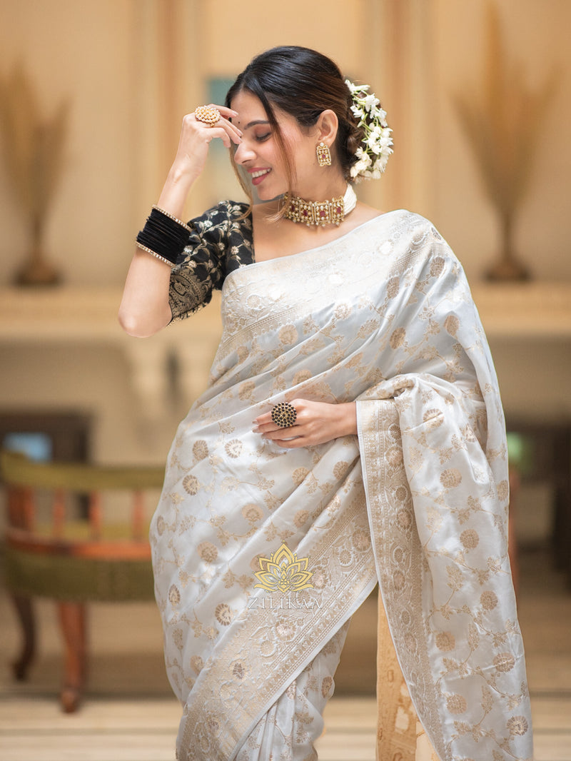 Pearl White Banarasi Uppada Silk Saree
