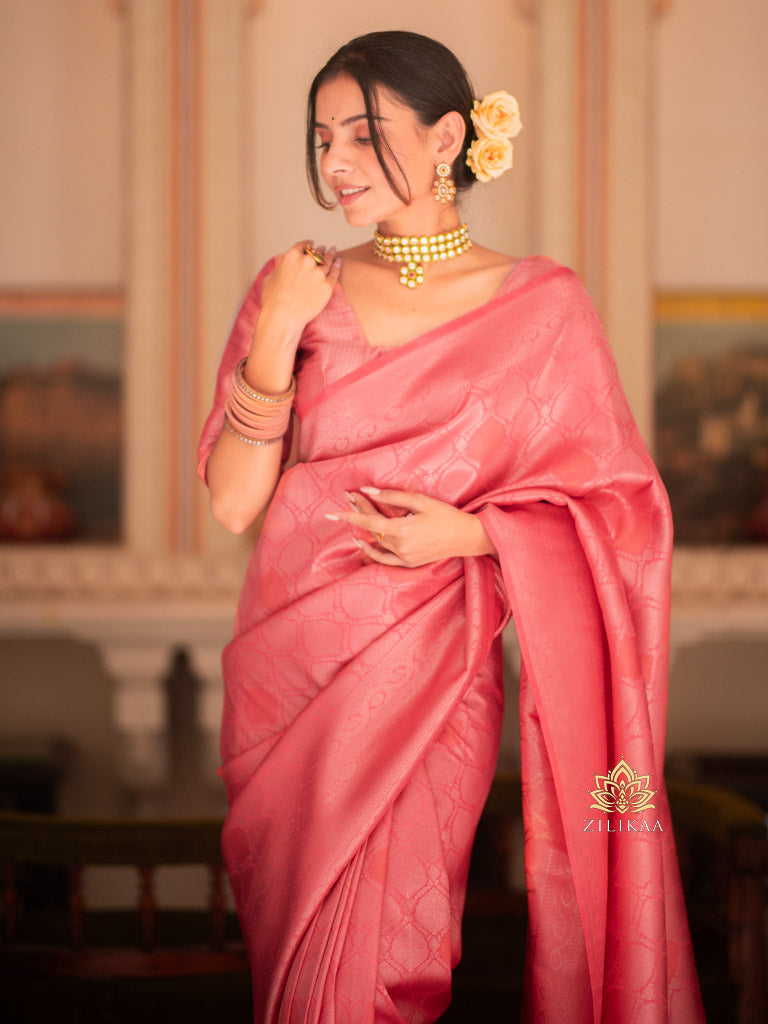 Peach Pink Kanchipuram Silk Saree