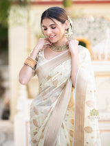 Ivory White Banarasi Khaddi Weaved Georgette Saree