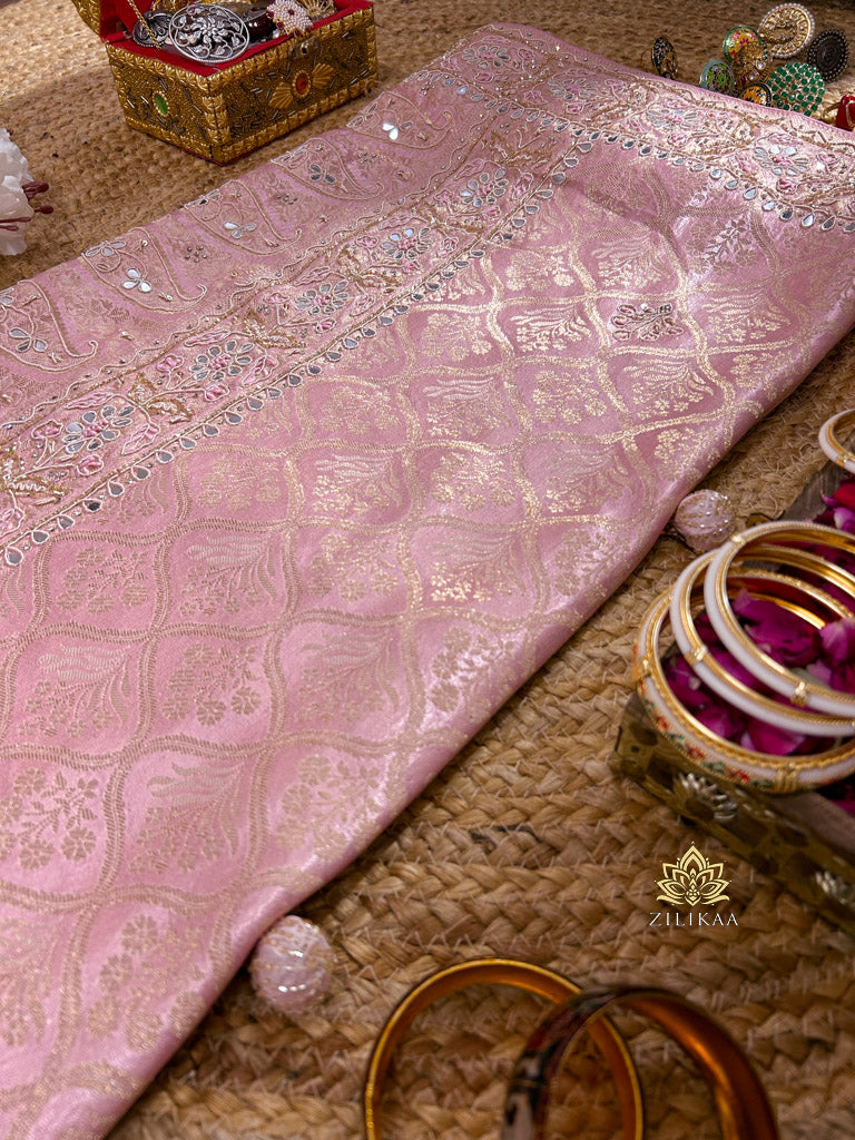 Pastel Pink Special Zardozi Gota Handwork Banarasi Silk Saree