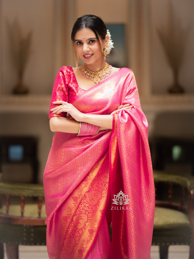 Kanjivaram Silk Fabric Wedding Wear Pink Color Fancy Weaving Print Saree  With Patola Design Blouse