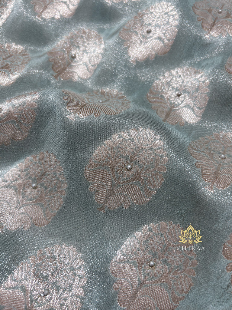 Ocean Green Zari Tissue Silk Saree with Beautiful Hand Embroidery