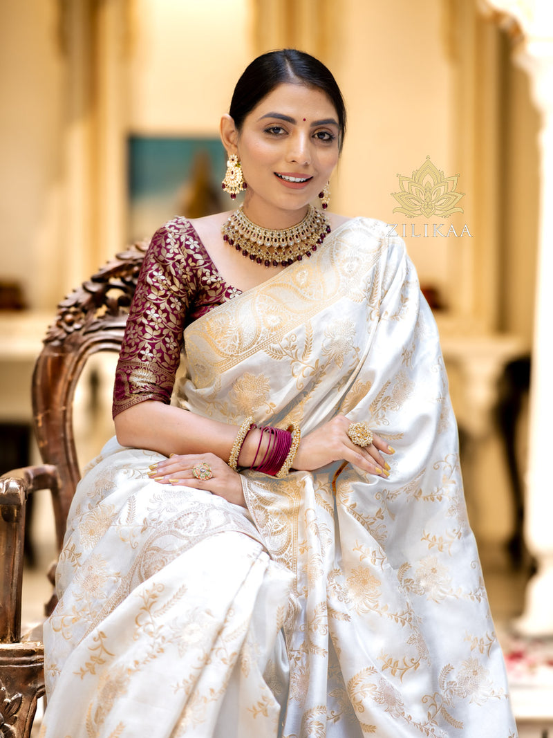 Pearl White Banarasi Uppada Silk Saree