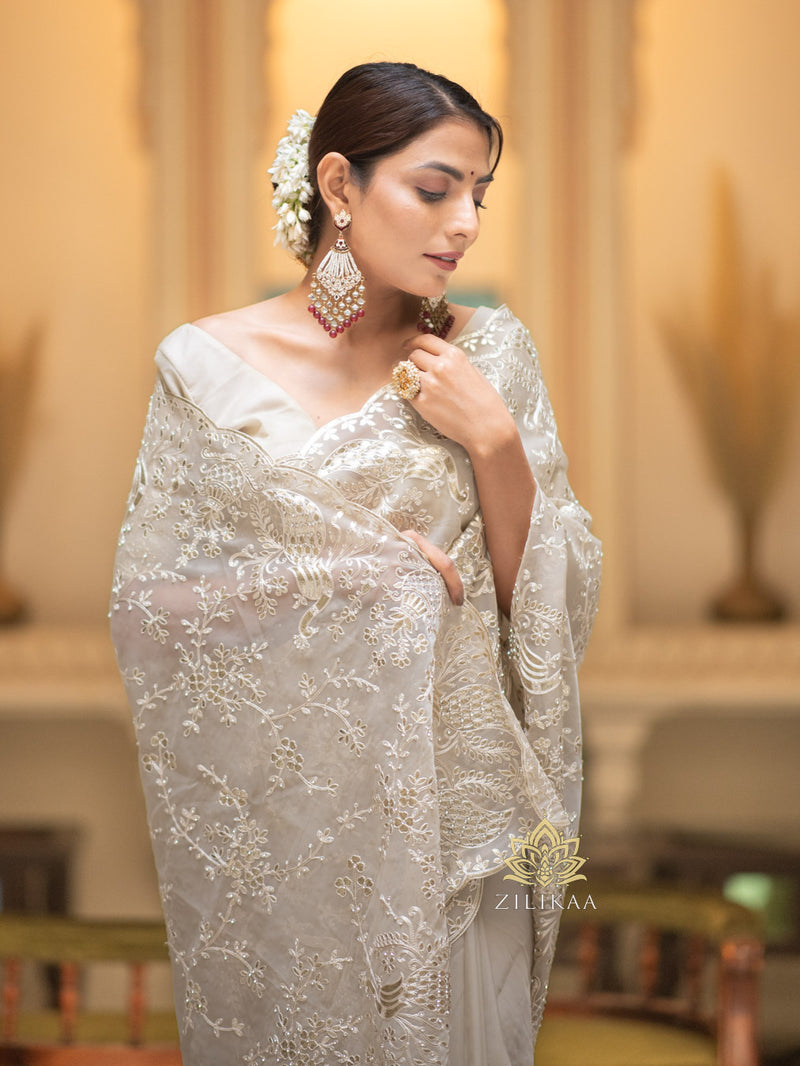 Ivory white Gota Embroidery French Silk Saree