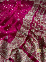 Magenta Pink Zardozi Pearl Handwork Mulberry Satin Silk Saree