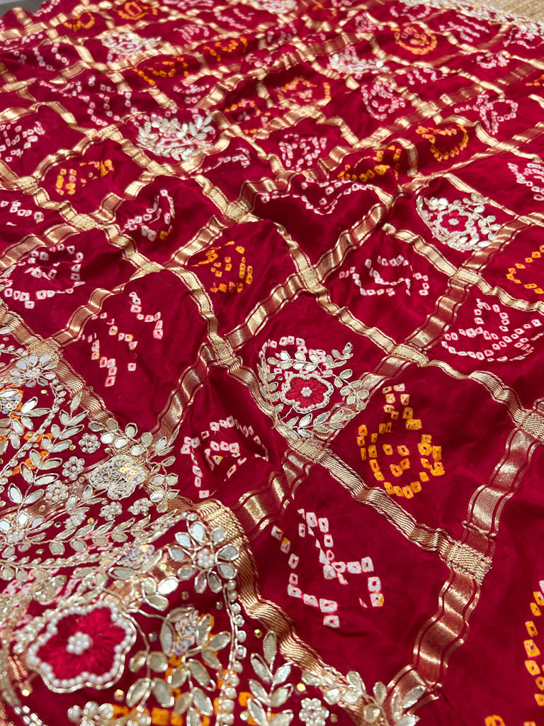 Calcutta Red Gotapatti Handwork Gajji Silk Ghatchola Bandhani Saree