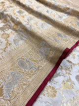 Ivory white Shikargah Banarasi Katan Silk Saree