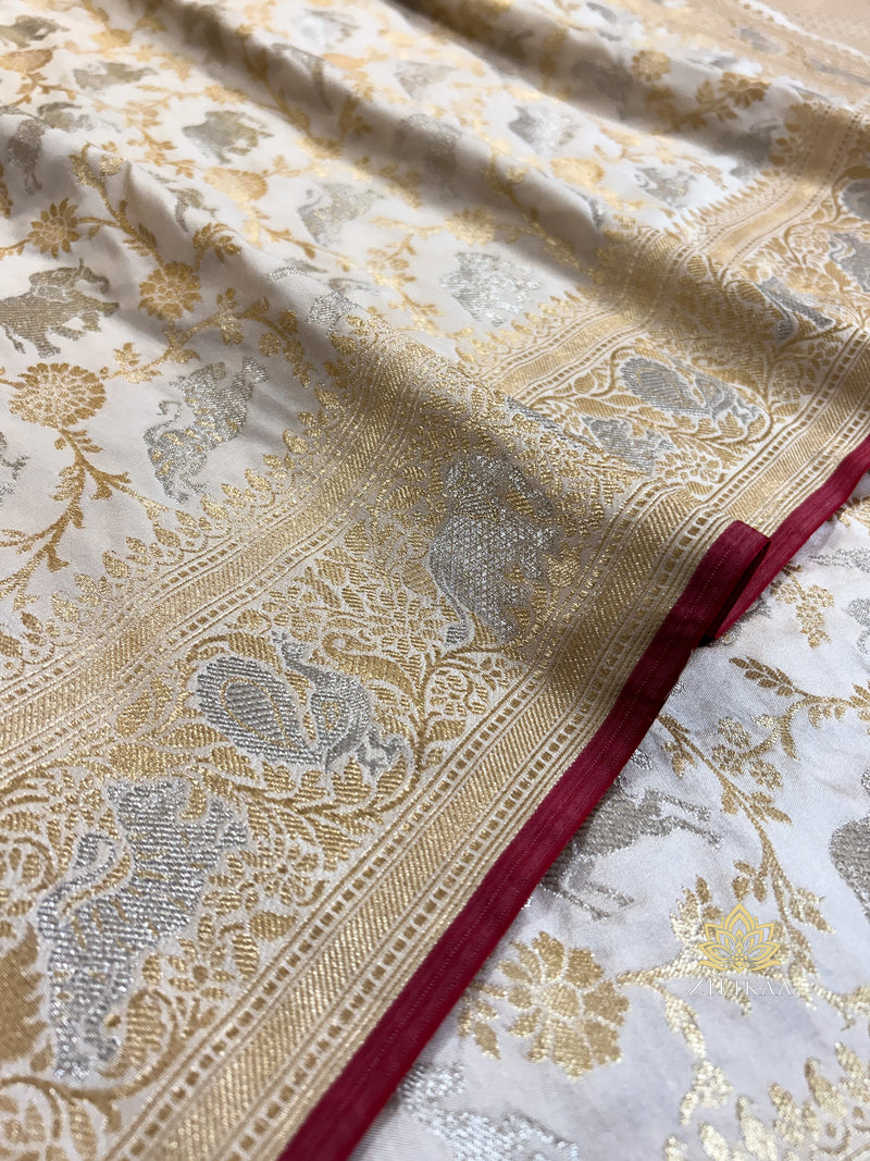 Ivory white Shikargah Banarasi Katan Silk Saree