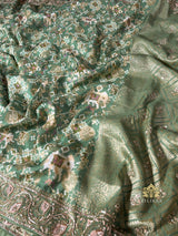 Fern Green Zardozi Handwork Patola Munga silk saree