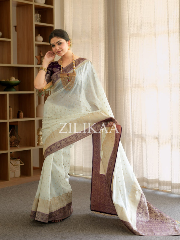 Ivory Purple Munga Silk Saree