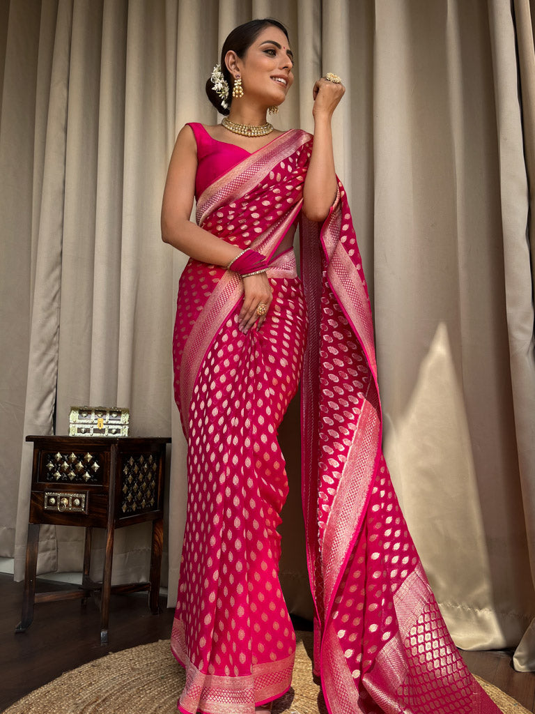 Queen Pink Banarasi Khaddi Weaved Georgette Saree