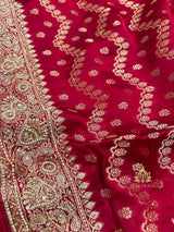 Calcutta Red Zardozi Handwork Mulberry Banarasi Silk Saree