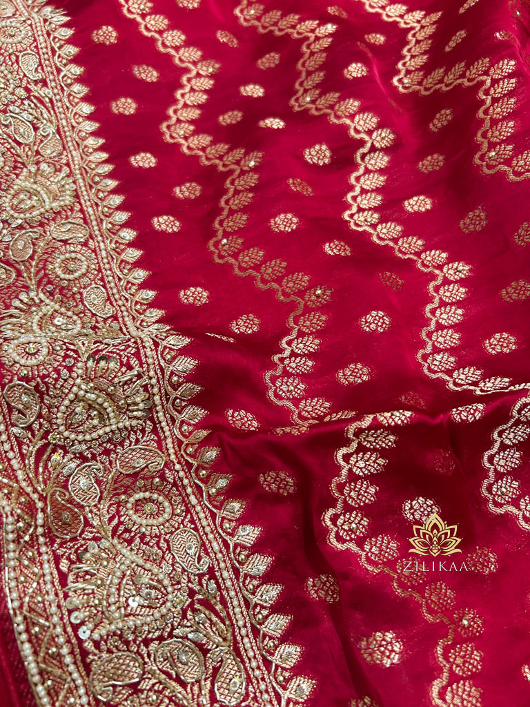 Calcutta Red Zardozi Handwork Mulberry Banarasi Silk Saree