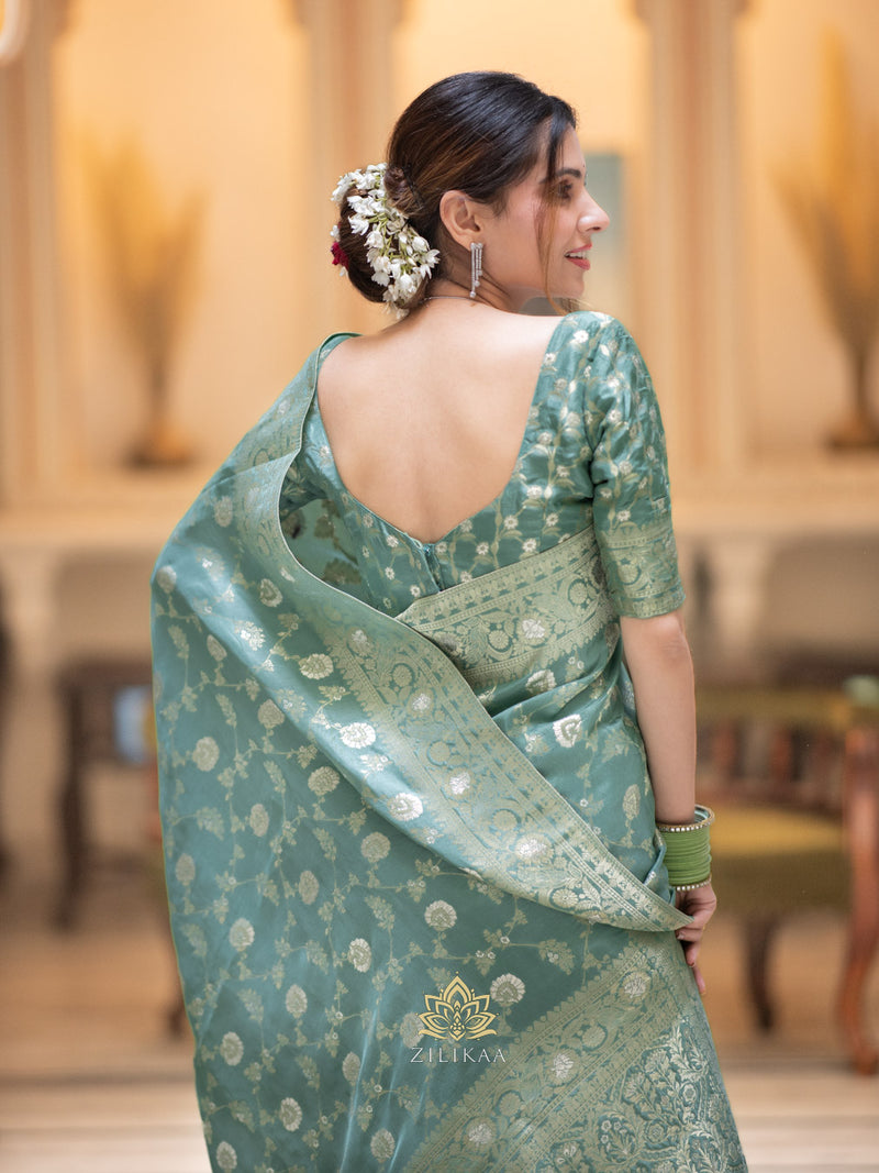 Turquoise Green Banarasi Uppada Silk Saree