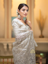 Ivory white Gota Embroidery French Silk Saree