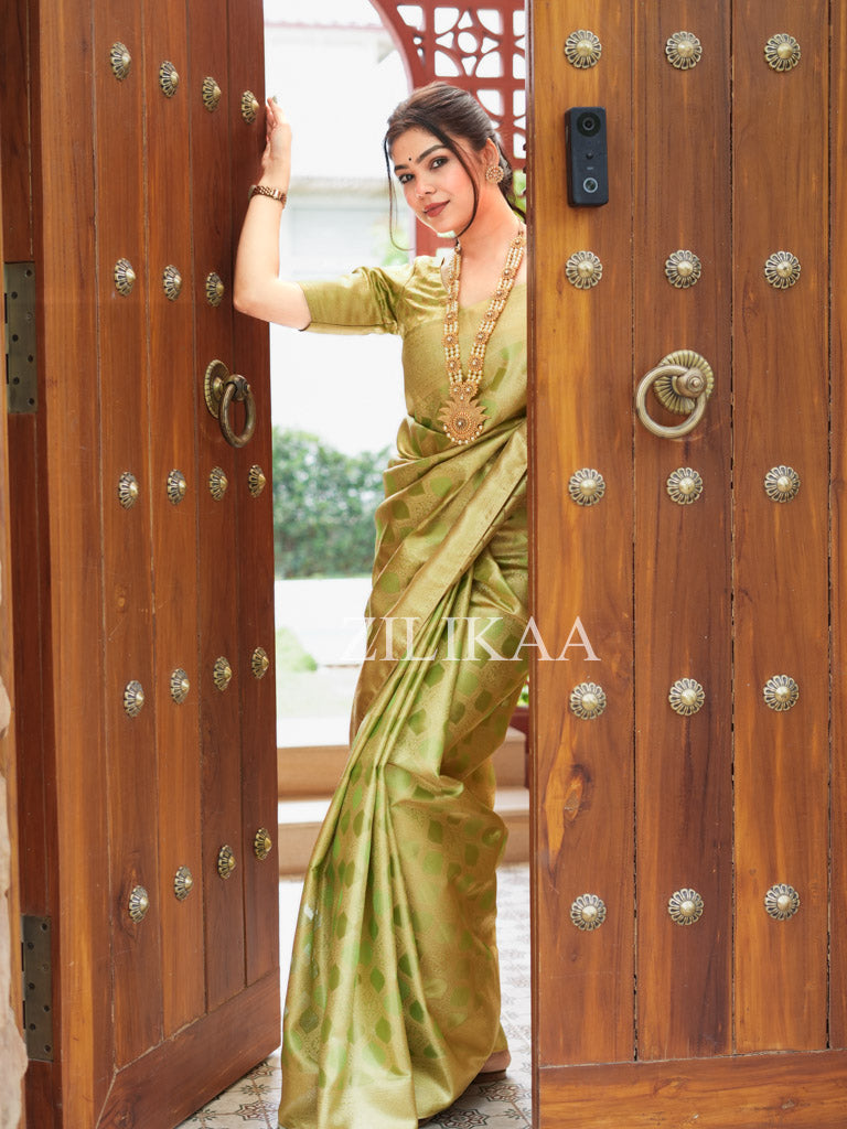 Olive Green Rangkat Kanchi Tissue Silk Saree