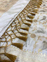 Ivory white Shikargah Banarasi Katan Silk Saree